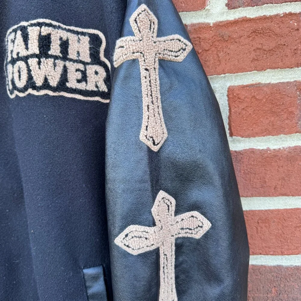 Faith Power Cross Varsity Jacket Med/LG Black Pleather Slashyouth